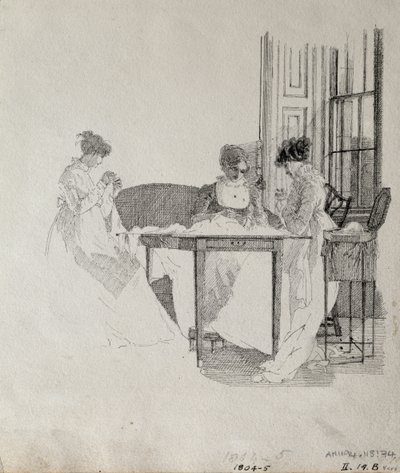 Dames naaien, 1805 door John Harden