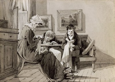 Sociale interieur in Brathay Hall, met Jessy Harden, Rev. Owen Lloyd en H. Almack, c.1827 door John Harden