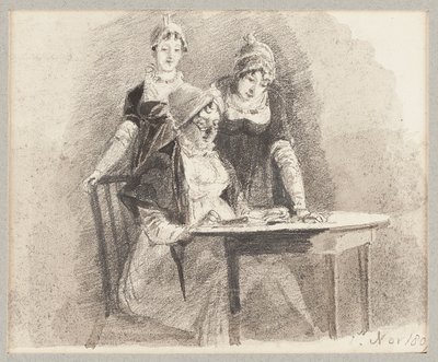 Drie aan een tafel, één zittend, 1807 door John Harden