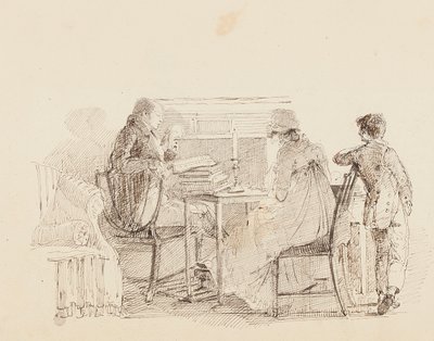 Drie bij de open haard, 1805 door John Harden