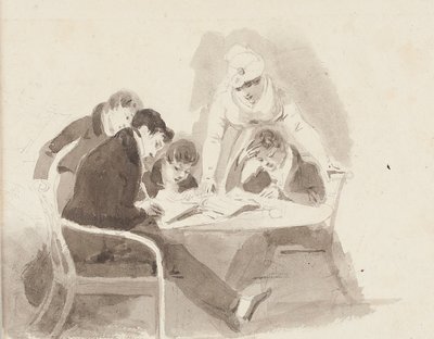 Twee jongens die huiswerk maken, 1811 door John Harden