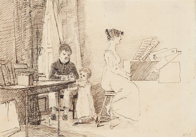 Twee kinderen en een vrouw aan de piano, 1807 door John Harden