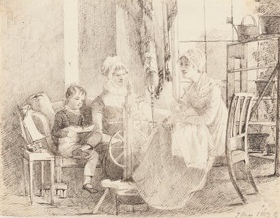 Vrouwen aan het spinnenwiel en een jongen met een speelgoedboot, 1807 door John Harden