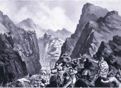 Vernietiging van het Griekse leger, illustratie uit Hutchinsons History of the Nations VOL 4 c.1920s door John Harris Valda
