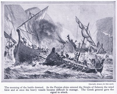 Slag bij Salamis: Toen de Perzische schepen de zeestraten van Salamis binnenvoeren, waaide de wind en werden ze moeilijk te beheersen, c.1950 door John Harris Valda