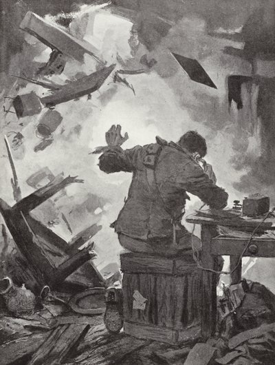 Bombardier W H French die zijn bericht afmaakt nadat een granaat door de kamer was gekomen waarin hij telefoneerde, Helpegarde, Eerste Wereldoorlog door John Harris Valda