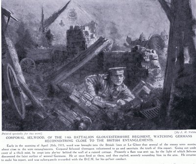 Korporaal Selwood won een DCM voor het observeren van Duitsers die dicht bij Britse versperringen verkennen in Le Gheer april 1915 door John Harris Valda