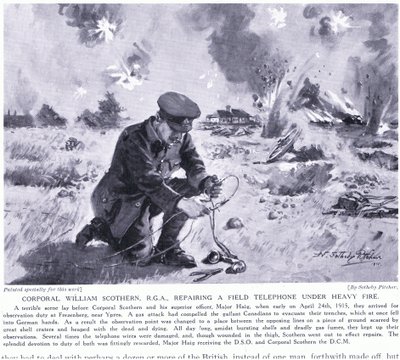 Korporaal William Scothern RGA repareert een veldtelefoon onder zwaar vuur, bekroond met DCM Ypres mei 1915 door John Harris Valda