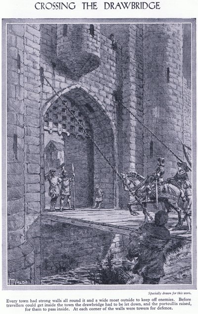 Over de ophaalbrug. Elke stad heeft sterke muren en een gracht, een ophaalbrug en een valhek voor verdediging door John Harris Valda