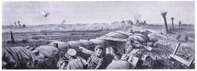 Gasaanval op de loopgraven van de 2e Lancashire Fusiliers waarbij soldaat Lyn zijn leven verloor maar het VC won. Ieper april 1915 door John Harris Valda