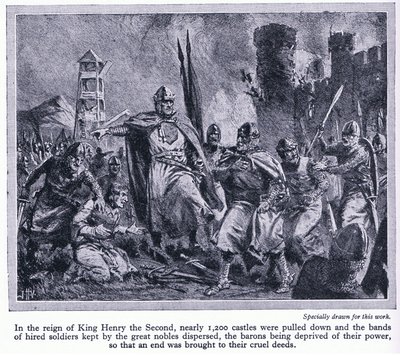 In het bewind van koning Hendrik II werden bijna 1200 kastelen afgebroken, waardoor de baronnen hun macht verloren, c.1950 door John Harris Valda