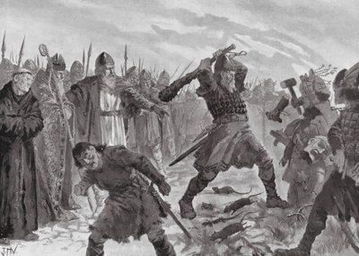 Koning Olav de Heilige breekt het beeld van de god Mor door John Harris Valda