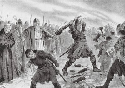 Koning Olav de Heilige breekt het beeld van de god Mor door John Harris Valda