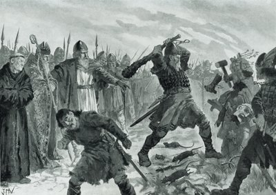 Koning Olav de Heilige breekt het beeld van de god Mor door John Harris Valda