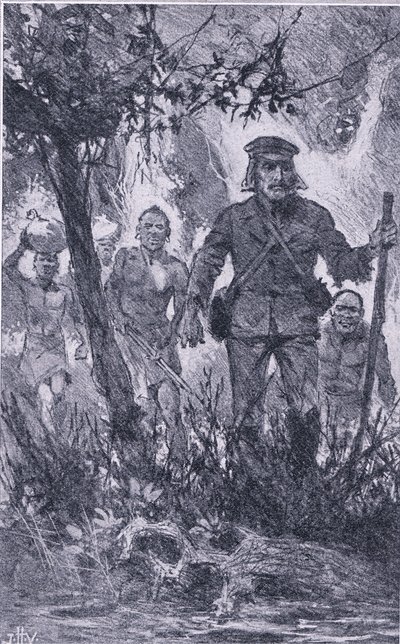 Livingstone schoot op de leeuw, maar de leeuw viel hem aan, beet in zijn schouder en brak zijn linkerarm, Newnes Pictorial Knowledge uitgegeven door Newnes, c.1950