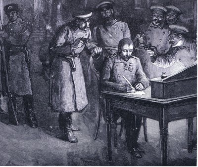 Prins Alexander ondertekent zijn abdicatie 1886, illustratie uit Hutchinsons History of the Nations VOL 4 c.1920s door John Harris Valda