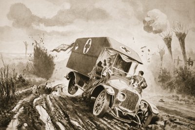 Soldaat Adams gaat de gewonden helpen in een motorambulance die in een granaatgat was gereden terwijl hij onder vuur lag door John Harris Valda