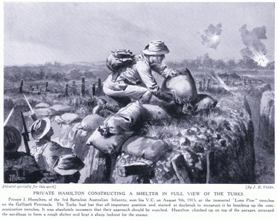 Soldaat Hamilton bouwt een schuilplaats in het volle zicht van de Turken bij de Lone Pine loopgraven op het Gallipoli-schiereiland augustus 1915 door John Harris Valda