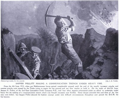 Sapper Pollitt maakt een communicatieloopgraaf onder zwaar vuur op het Gallipoli-schiereiland juni 1915 door John Harris Valda