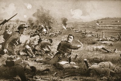 Sergeant B.C. Shea moedigt de mannen van zijn regiment aan na ernstig gewond te zijn geraakt bij Rouges Bancs door John Harris Valda