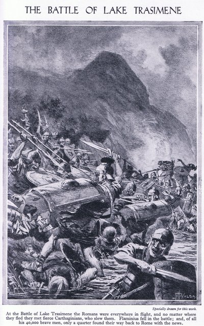 De Slag bij het Meer van Trasimene 217 v.Chr. Overal vluchtten de Romeinen voor de Carthagers, c.1950 door John Harris Valda