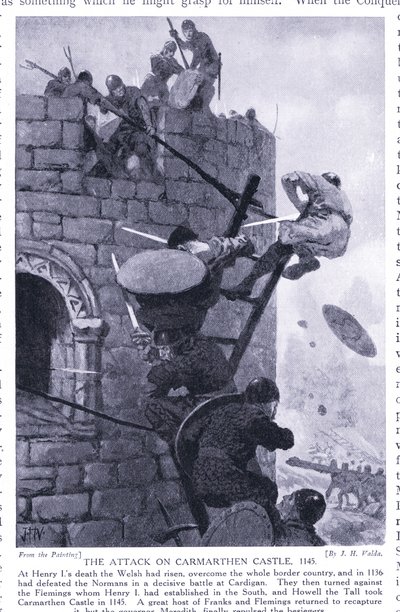 De aanval op Carmarthen Castle AD1136, jaren 1920 door John Harris Valda