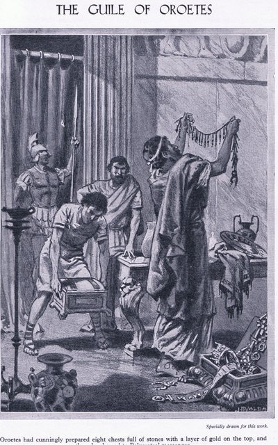 De list van Oroetes: acht kisten met stenen met een laag goud erop, getoond aan de boodschapper van Polycrates, ca. 1950 door John Harris Valda