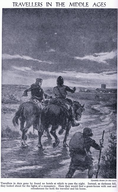 Reizigers in de middeleeuwen. Wanneer de duisternis viel, zochten reizigers naar de lichten van een klooster, c.1950 door John Harris Valda