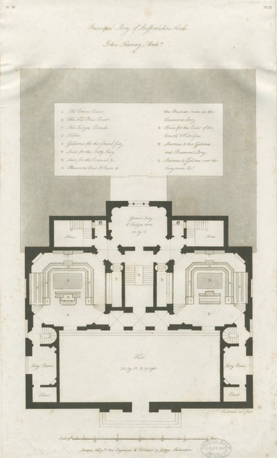 Stafford - Plan van Hoofdverdieping van Shire Hall: gravure door John Harvey