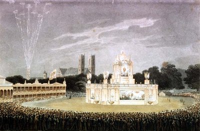 Vuurwerkshow gehouden in Green Park ter viering van de nederlaag van Napoleon, gegraveerd door Matthew Dubourg, uitgegeven 1814 door John Heaviside (after) Clark