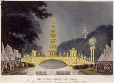 De Chinese brug verlicht op de avond van de viering van de vrede door John Heaviside (after) Clark