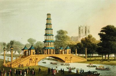 De Chinese brug en pagode, opgericht in het park ter herdenking van de Glorieuze Vrede van 1814, gegraveerd door Matthew Dubourg door John Heaviside (after) Clark