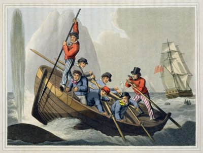 Een scheepsboot die een walvis aanvalt, gegraveerd door Matthew Dubourg, gepubliceerd door Edward Orme, 1813 door John Heaviside Clark