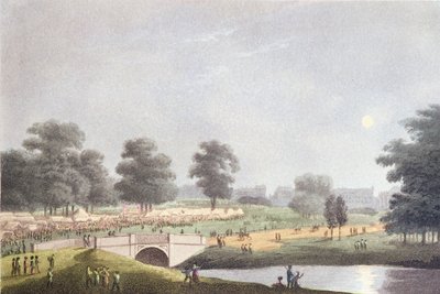 Het uitzicht op de kermis in Hyde Park, gegraveerd door Matthew Dubourg, 1 augustus 1814 (gekleurde gravure) door John Heaviside Clark