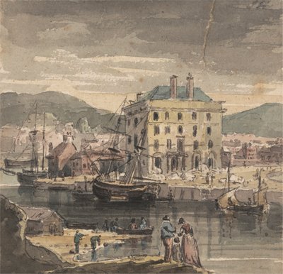 Weymouth: met figuren, schepen en uitzicht op (?) het Douanehuis door John Henderson