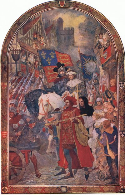 Hendrik VI. Slag bij Barnet 1471: De getrainde troepen marcheren ter ondersteuning van Edward IV, uit Cassells History of the British People gepubliceerd door de Waverley Book Company Limited, ca. 1940 door John Henry Amshewitz