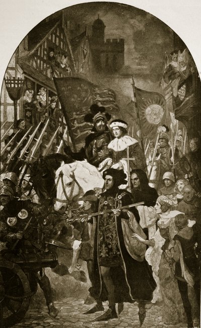 Henry VI wordt naar de Slag bij Barnet gebracht, 1471, illustratie uit 