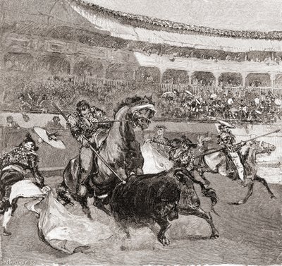 een stierengevecht in Sevilla, Spanje, uit The Century Illustrated Monthly Magazine, gepubliceerd 1884 door John Henry Ellsworth Whitney