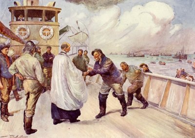 Vissers van de Noordzee vissersvloot verzamelen voor aanbidding door John Henry Frederick (after) Bacon