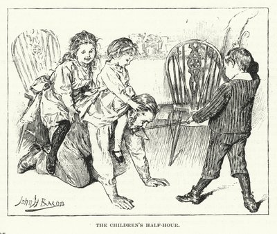 Het halfuurtje van de kinderen - spelen met hun vader (gravure) door John Henry Frederick (after) Bacon