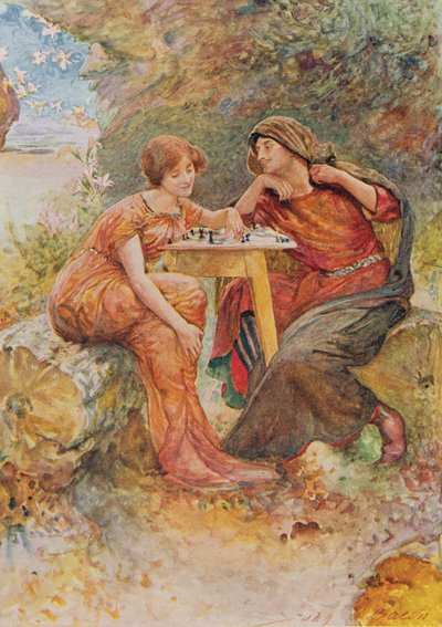 Ferdinand en Miranda in De Storm uit Kinderverhalen van Shakespeare door Edith Nesbit (1858-1924) uitgegeven door Raphael Tuck & Sons Ltd., Londen door John Henry Frederick Bacon