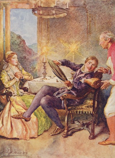 Katharina en Petruchio in De Getemde Feeks uit Kinderverhalen van Shakespeare door Edith Nesbit (1858-1924) uitgegeven door Raphael Tuck & Sons Ltd., Londen door John Henry Frederick Bacon