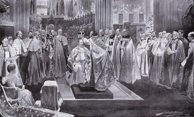 De kroning van koning Edward VII door de aartsbisschop van Canterbury, Westminster Abbey, Londen, 1902 door John Henry Frederick Bacon