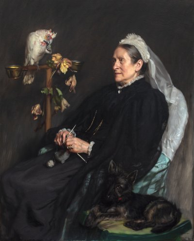 Oude Dame en Haar Huisdieren, Geportretteerd door Mevrouw William Sommerville door John Henry Lorimer
