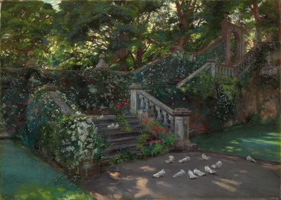 Het gouden uur: de westelijke trap naar het bovenste terras in Balcaskie, Fife (olieverf op doek) door John Henry Lorimer