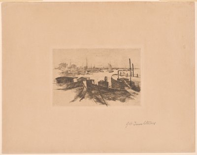 Haven met binnenvaartschepen door John Henry Twachtman