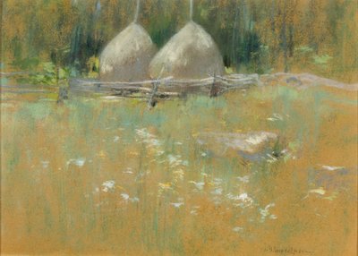 Hooibergen aan de rand van het bos door John Henry Twachtman