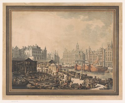Gezicht op de vismarkt op de Dam te Amsterdam door John Henry Wright