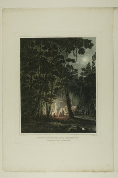 Uitzicht bij maanlicht, nabij Fayetteville, plaat drie van het tweede nummer van Picturesque Views of American Scenery door John Hill