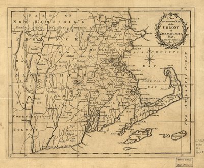 Een nieuwe en nauwkeurige kaart van de kolonie Massachusetts Bay in Noord-Amerika, afkomstig van een late survey. LOC 2001620337 door John Hinton